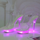 Breakj 34-43 Sexy Super High Heels Luminous Thin Heel Waterproof Platform Sandal Transparent Model Crystal Shoes Wedding