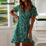Women Dresses Summer 2021 Sexy V Neck Floral Print Boho Beach Dress Ruffle Short Sleeve A Line Mini Dress Sundress