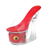 Women Model Shoes Thick Super High heels 17cm Sunflower Waterproof Fishmouth Sandals Transparent Crystal Shoes Wedding