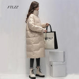 Winter Stand Collar Solid Long Down Jacket Women 90% White Duck Down coat Yellow Down Parka Blue Thick Warm Snow