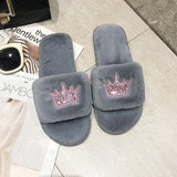 Breakj Winter New Korean Version Of The Crown Sequins One-Word Plush Warm Wool Slippers Flat Cotton Drag
