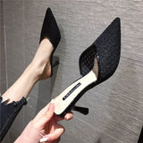 Slippers Women New Summer Shoes Women Fashion Knitted Elastic Pointed Slides Spike Heels Beige Mules Shoes High