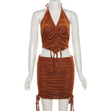 Lace Up Cropped Top Two Pieces Sets Drawstring Sleeveless Waist Top And Beachwear Sexy Velvet Suits With Skirts