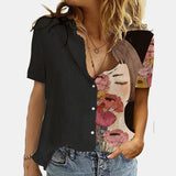 Women Elegant Office Simple Turn-down Collar Cartoon Print Casual Shirt Fashion Summer Short Sleeves Button Cardigan