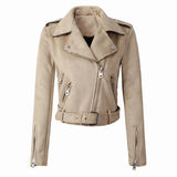 Women Faux Suede Jacket Coats Motorcycle Zipper Turndown Collar Faux Soft Leather Overcoat Female Black Punk Short