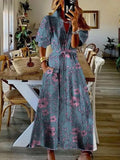 Women Elegant Commuter Lapel Puff Sleeve Long Dress Chic Floral Print Pocket Tie High Waist Dress Summer Office Elegant