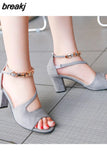 summer sexy fish mouth hollow Roman sandals thick with word with beaded high heels female summer Sexy female
