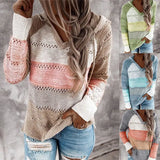Autumn Patchwork Hooded Sweater Casual V-neck Striped Knitted Sweater Female Long Sleeve Pullover Jumpers New