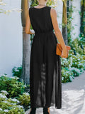 Fashion Solid Lace Up High Waist Sheer Party Dress Summer Chic Long Dress Women Summer 2022 Elegant V-Neck Sleeveless Long