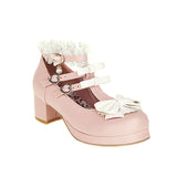 Lolita Shoes Women Low Round with T Straps White Bow Cute Girls Princess Tea Party Shoes Students Lovely Pumps Size