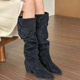 Spicy Sister! Khaki Pointed Thick Heel Pile Boots Female Fall