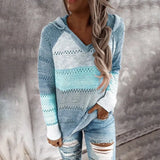 Autumn Patchwork Hooded Sweater Casual V-neck Striped Knitted Sweater Female Long Sleeve Pullover Jumpers New