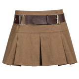 Casual Brown Pleated Mini Skirt Ladies High Waisted Short Skirts Womens with Belt Korean Fashion 90s Summer