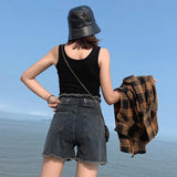 New Summer Women High Waist Hole Blue Denim Shorts Casual Female Single Breasted Jeans Vintage Ladies