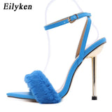 2022 New Pink White Women Sandals Sexy Open Toe Furry Fur Summer High-Heeled Sandals Ladies Wedding Stripper