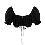 White Lace Up Bow tie Sexy Short Blouse Women Summer 2021 Casual Puff Sleeve Small Shirts femme Crop Tops