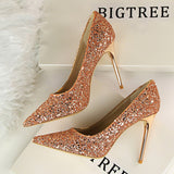 Breakj Women's Shoes High Heel Shallow Pointed Shining Sequins Sexy Thin Nightclub High