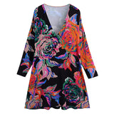 Women Sexy Deep V Neck Mini Dresses Vintage Floral Printed Long Sleeve A Line Dresses Female Chic Dresses With Back