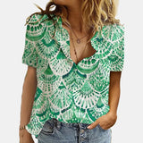 Women Elegant Office Simple Turn-down Collar Cartoon Print Casual Shirt Fashion Summer Short Sleeves Button Cardigan