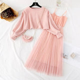 Autumn Winter Women Sweet Two Pieces Suit Knitted Sweater O Neck Sweaters and Dress Set Female