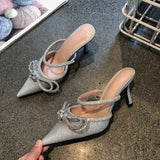 style Crystal Bowknow Women Pumps Luxury Satin Rhinestones Thin High heels Female Mules Fashion Slingbacks Party Club