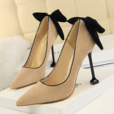 Breakj Korean Version Of Sweet High Heels Women's Shoes With High Heel Suede Shallow Pointed Head Of Color Bow Single