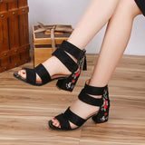 Style Embroidered Mid-heel Sandals Women 2021 Summer All-match Thick Heel Elegant Retro Open Toe Embroidered Shoes
