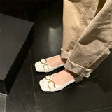 Women Fashion Shoes Natural Genuine Leather Flat Shoes Square Toe Metal Decoration Ladies Footwear Spring Autumn