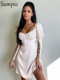 Satin Women Dress Sexy Club Long Puff Sleeve Party Mini Wrap Dress Fashion 2021 Black Bodycon Bandage Dresses