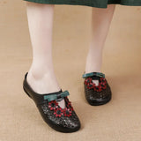Summer New Flat-Soled Low-Heeled Women's Shoes National Style Leather Flower Slippers Hollowed-Out Breathable Comfortable Hole