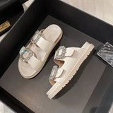 Rhinestone Belt Buckle Slippers Women Thicken Sole Shoes Ladies Casual Slides Outdoor Flipflops Silver Beach Sandals