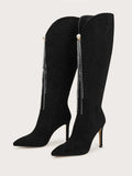 Winter Fashion Faux Suede Women Knee High Boots Luxury Pearls Rhinestones Tassel High Heels Female Chelsea Boots