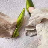 Green Elegant Silk Fabrics Women Slippers Special Fashion Style Low Heels Square Toe Fashion Outwear Shallow