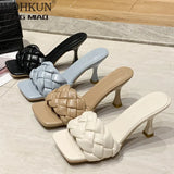 Slides Women 7cm High Heels Mules Fetish Pumps Individual Weave Leisure Blue Office Ladies Prom Slippers Women's