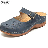 New Women Flat Shoes Mules For Women PU Leather Round Head Sandals Closed Toe Sandals Women Slipper Non-slip Retro