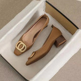 Breakj 2023 New Fashion Square Head Shallow Metal Buckle Thick Heel Single Shoe Medium Heel Women's