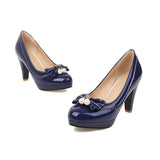 Fashion Pumps Women Round Toe Spike High Heels Slip On Bow Pearls Platform Patent Leather Sexy Party Club Shoes Ladies
