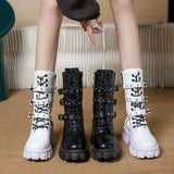 Breakj Autumn And Winter New Punk Tie Thick Bottom Mid-Sleest Boots Women Large Size Knight Boots