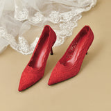 Breakj Heel Wedding Shoes Women's Shoes White Lace High Heels 2025 Fashion Temperament Pointed Single Shoes Gentle Mary Jane
