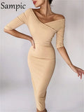 V Neck Sexy Off Shoulder Skinny Bodycon Midi Dress 2021 Women Clothing Black Wrap Backless Party Night Club Elegant