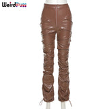Puss Faux Leather Pants Cyber Y2K Vintage Stacked Zipper Side Slit Drawstring Pencil Pants Trend Streetwear Slim