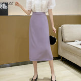 2021 New Spring Summer Women High Waist Solid Color Medium Long Skirt Casual Female Slim Fit OL Style Split Black