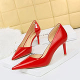 Breakj Korean Version Of Fashion Simple Thin Heel High Heel Bright Face Patent Leather Shallow Mouth Pointed Head Side Hollow High Heels Women's Singles