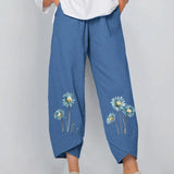 New Floral Print Cotton Linen Pants Fall Summer Loose Irregular Elastic Waist Wide Leg Pant Casual Elegant Pocket