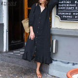 Elegant Button Ruffle Dress Women's Autumn Sundress ZANZEA Casual 3/4 Sleeeve Midi Vestidos Female Solid Robe