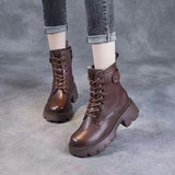 / Winter 2023 New Soft Leather Ankle Boots Female Retro British Thick Heel Thick Bottom Net Red Soft Leather And Velvet Medium Tube Martin