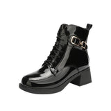 Leather English Style Rough Heel Martin Boots 2023 New Autumn And Winter Lacquered Leather Spring And Autumn Single Boots With Velvet Cotton