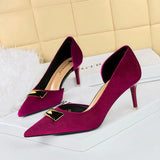 Breakj Banquet Ultra High Heel Shallow Pointed Tip Side Hollow West Shi Suede High Heel