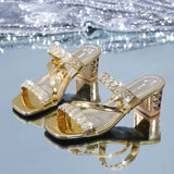 Breakj Women Summer Fashion Rhinestone Slipper Sexy Hollow Out Chunky High Heels Sandals Crystal Party Shoes Woman Flip