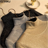 Turtleneck knit sweater Shinny Chic Women Sweaters And Pullovers spring Autumn thin bling Lurex slim baisc